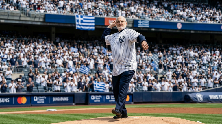 Archbishop Elpidophoros Throws First Pitch at Yankee Stadium in Yankees Jersey