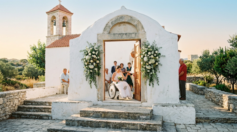 Bride Arrives to Crete Wedding in Wheelchair. Priest Greets Her With Song