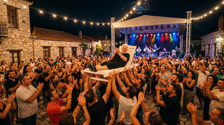 Crete Village Carries Elderly Woman on Sunbed to the Festival Stage